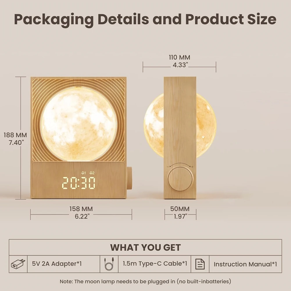 【EFFICIENT 】Gentle Wake-Up Rotatable Moon Light Alarm Clock For Heavy Sleepers, Sunrise Function Night Lamp For Bedrooms view 5