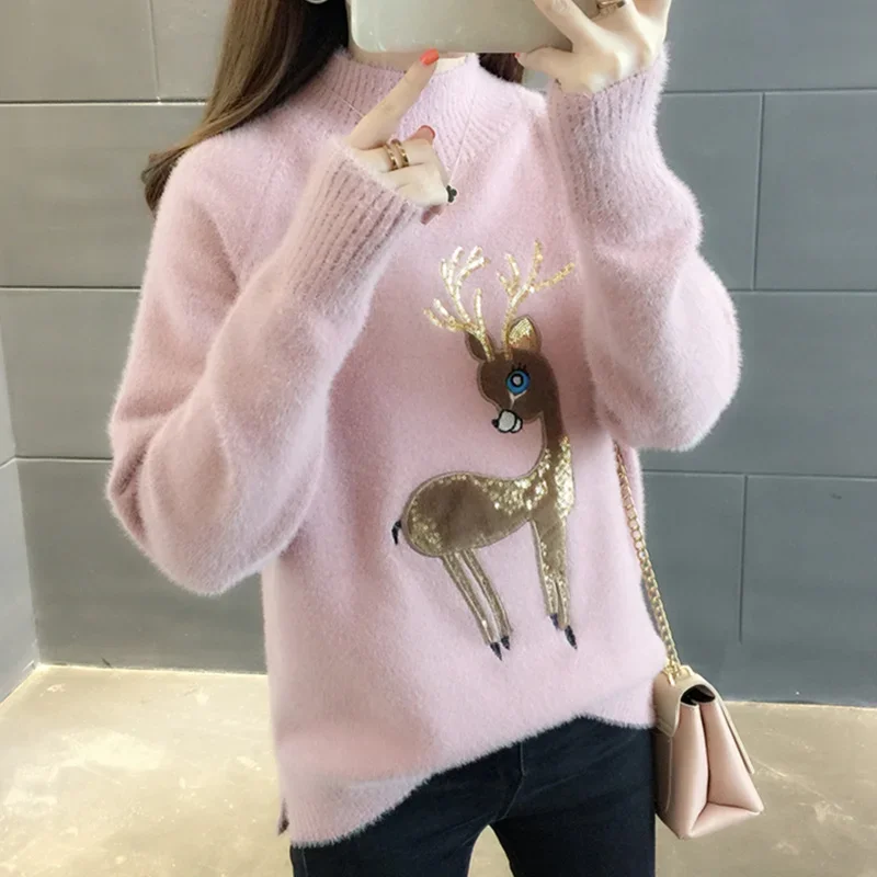 QNPQYX Cute Women Sweater Korean Reindeer Ugly Christmas Sweater Winter Warm Sweaters Fluffy Cashmere Jumper Turtleneck Pullover