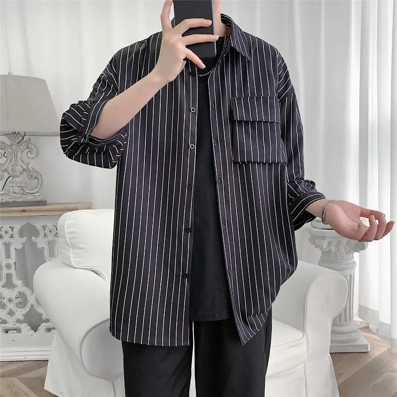 

New 2024 Summer Korean Fashion Striped Shirts Men Causal Men's Oversized Japanese Vintage Loose Three Quarter Sleeve Blouses