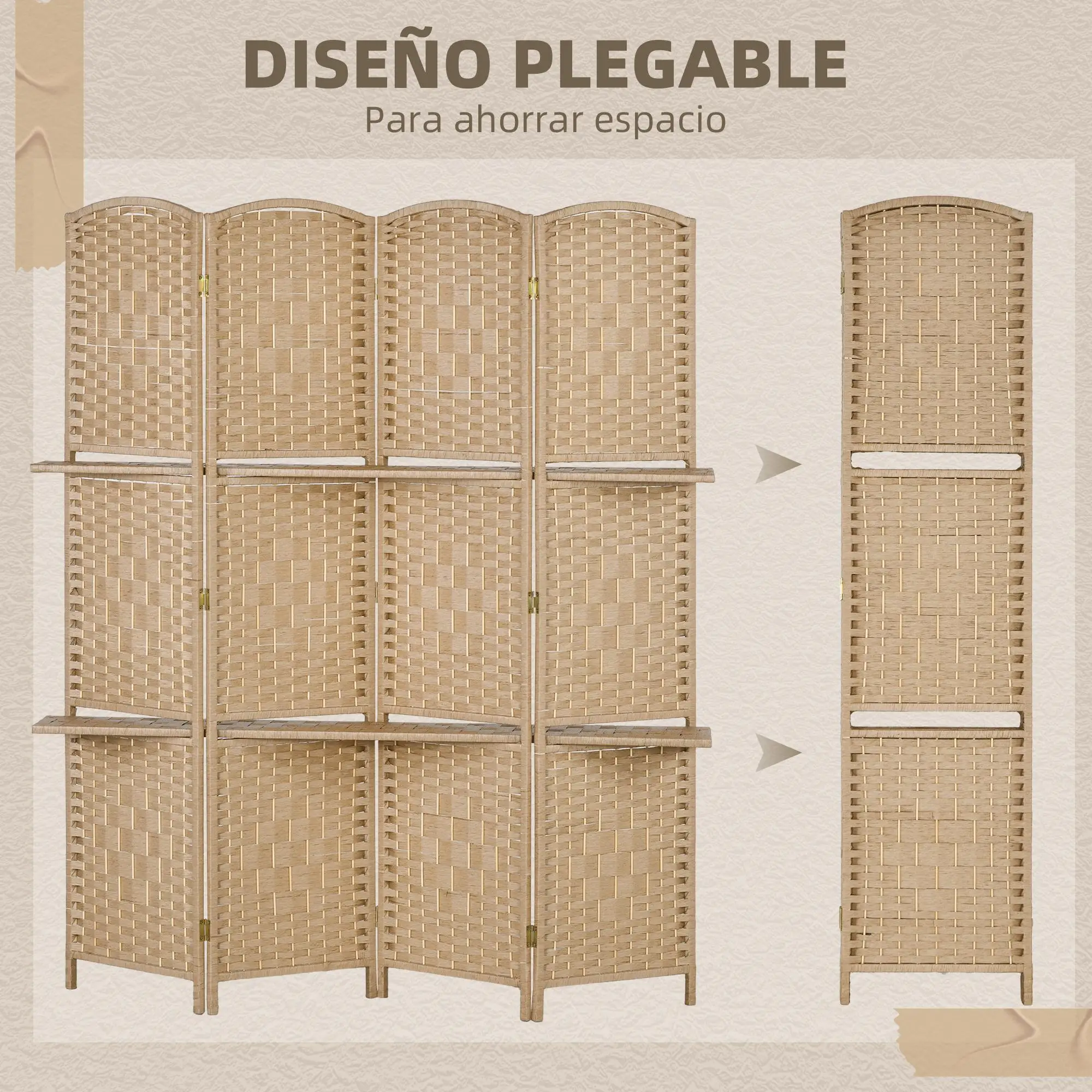 Paravent pliable à 4 panneaux en bois naturel 60x32 cm, séparateur de pièce moderne avec 2 étagères pour aménagement paysager de salon