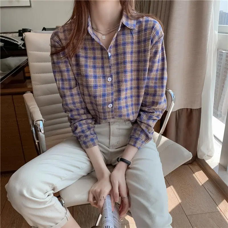 Women Shirt Thin Cotton Single Breasted Slim Office Lady Polo-neck Women\'s Clothing Long Sleeve Button Plaid Spring Autumn Trend