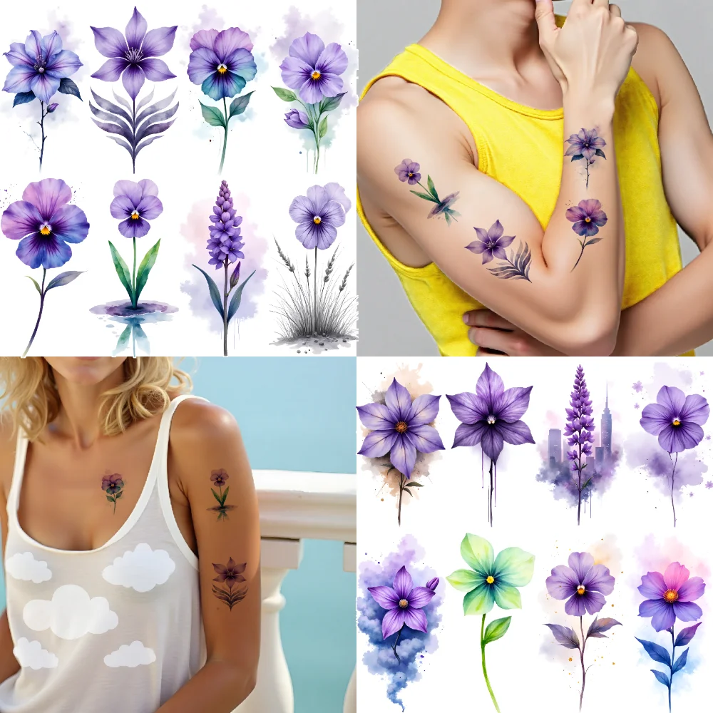 

9pcs Temporary Tattoo Watercolor Tattoos Temporary Tattoo Stickers Artistic Floral Patterns Purple Flower Designs For Arms