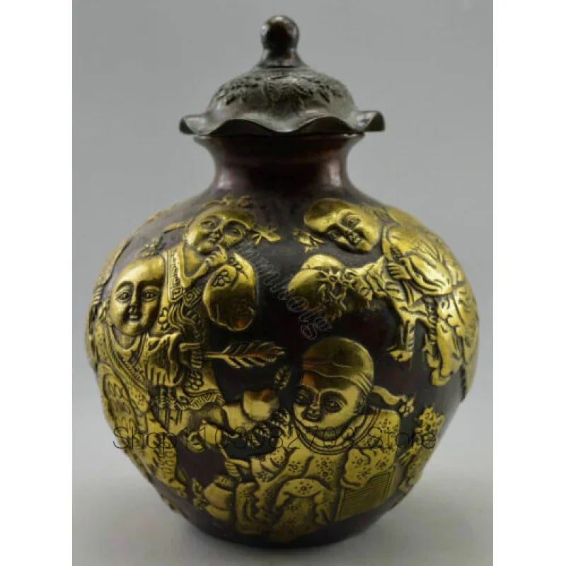

antique Qing Dynasty Handwork bronze Copper Carved figure statue pot tank Can