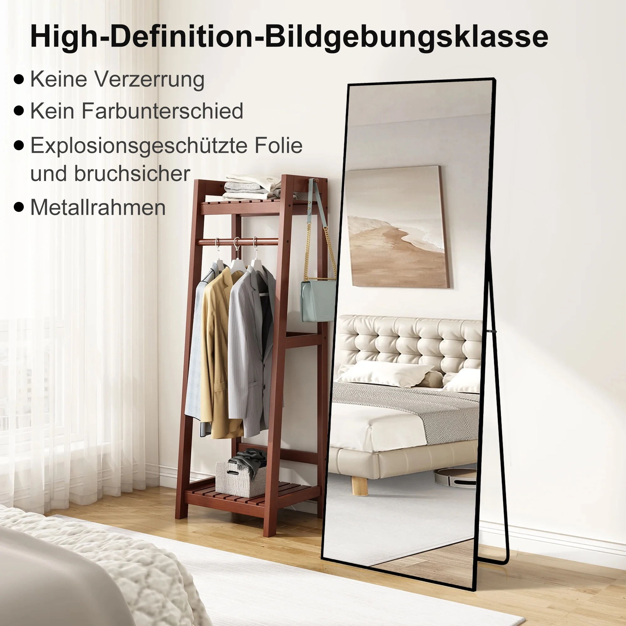 Comanlai 164×54/173×63/177×77 cm Ganzkörper-Standspiegel, Aluminiumlegierungsrahmen, Dekorative Spiegel, Zum Aufhängen oder Kippen geeignet