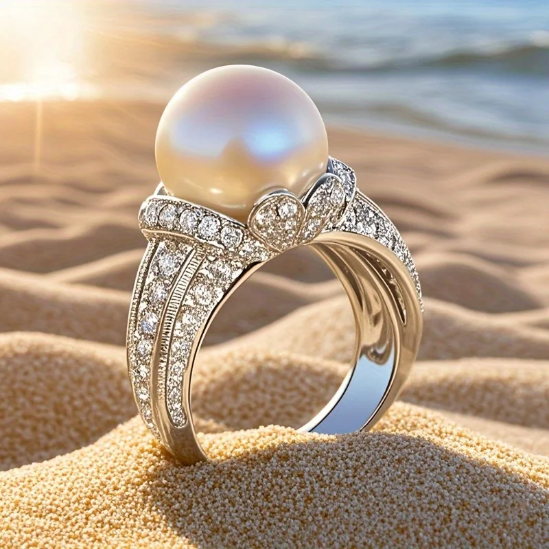Elegant Imitation Pearl Silver Color Wedding Rings Women Shiny CZ Romantic Marriage Ceremony Party Ring Fashion Accessories