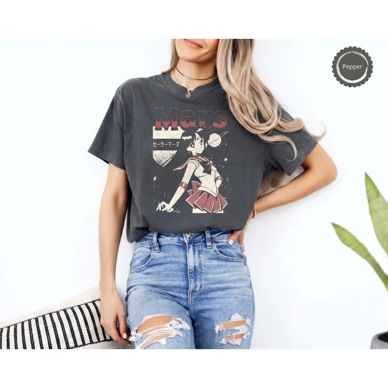 Camiseta de algodón holgada y transpirable unisex de verano con estampado de Sailor Mars Rei Hino, Sailor Moon, Anime y Manga de los años 90