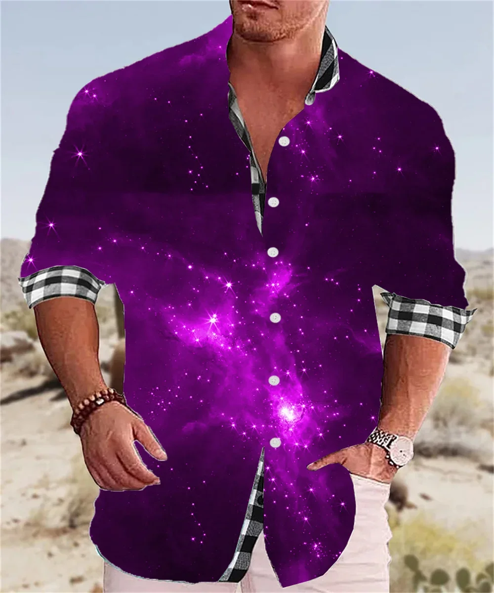 Fashion Men's Shirt Starry Sky Purple Blue HD Graphics Casual Party Trend High Quality Soft Comfortable Fabric Lapel Shirt 2023