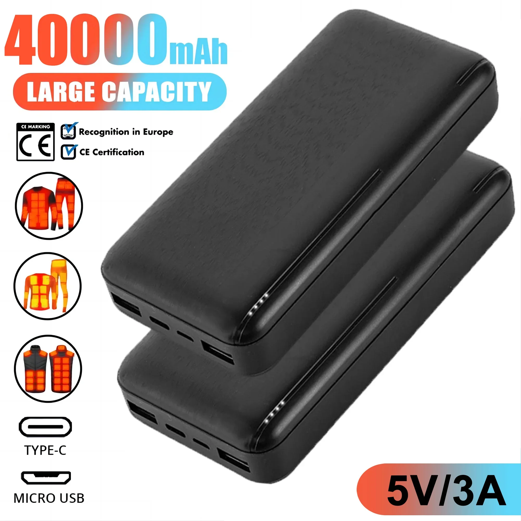 40000mAh Power Bank 5V 3A Portable Charger External Battery Pack for Heating Vest Jacket Scarf Gloves Electric Heating Equipmen