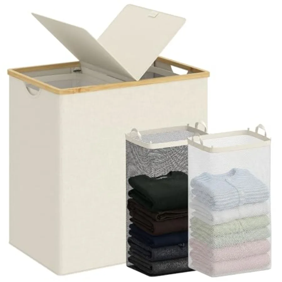 

Корзина для белья с крышкой, двойная корзина для белья с 2 съемными мешками, 2-секционная корзина для белья с бамбуковыми ручками для ванной комнаты B