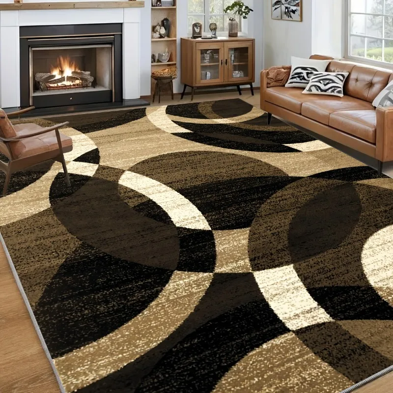 

1 Oversized Luxury Floor Mat - Black, Golden, Beige Modern Geometric Pattern Large Area Floor Mat - Soft Polyester Floor Mat for