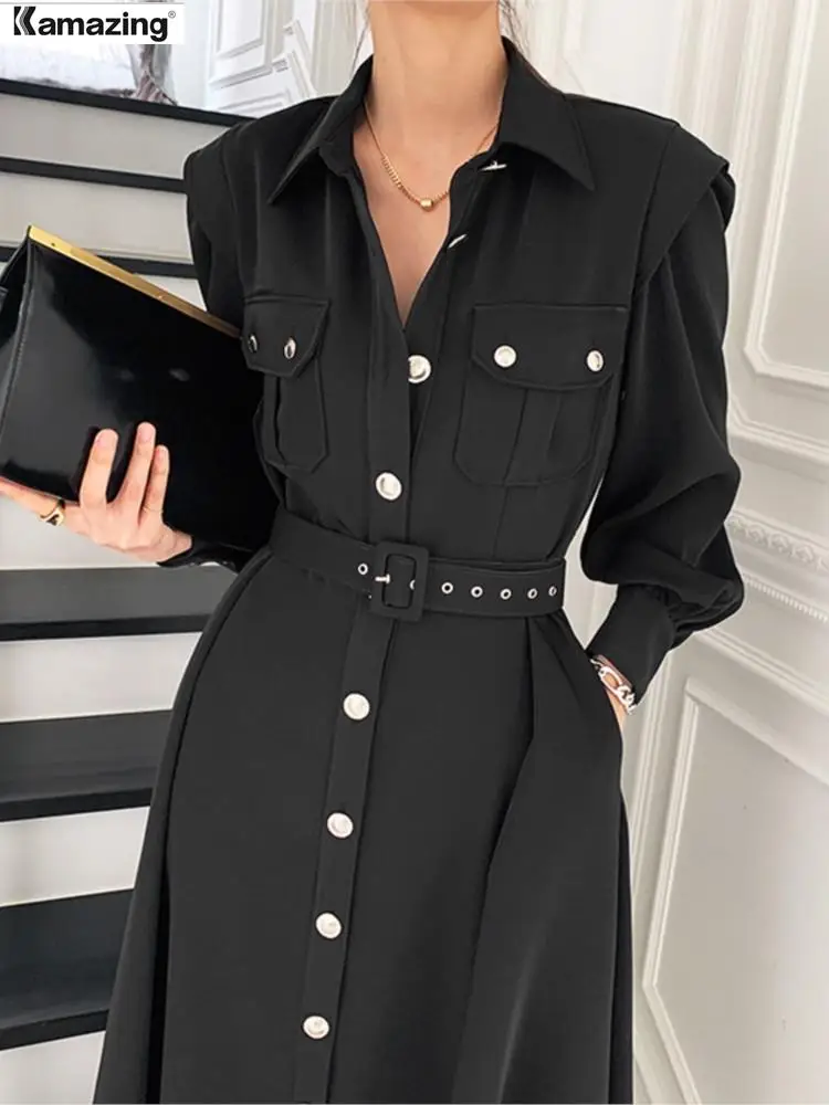 Spring Autumn Women Dress Fashion Female Puff Sleeve Vintage Solid Midi Shirt Dress Casual Single Breasted Waistband Chic Dress