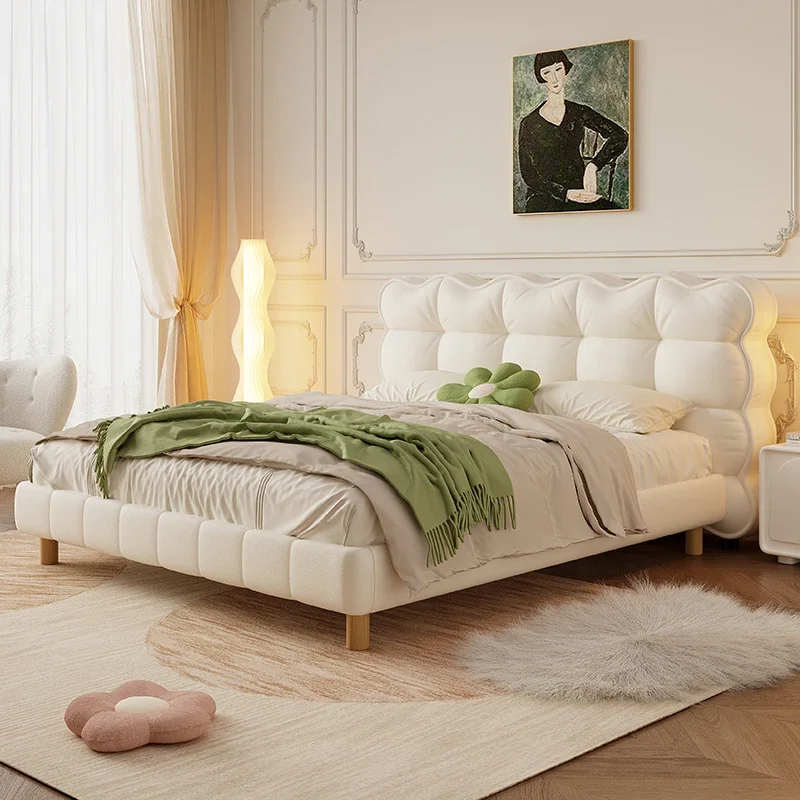 

French Cream Style Puff Bed Modern Minimalist Master room White Internet Celebrity Girl Fabric Double Solid Wood