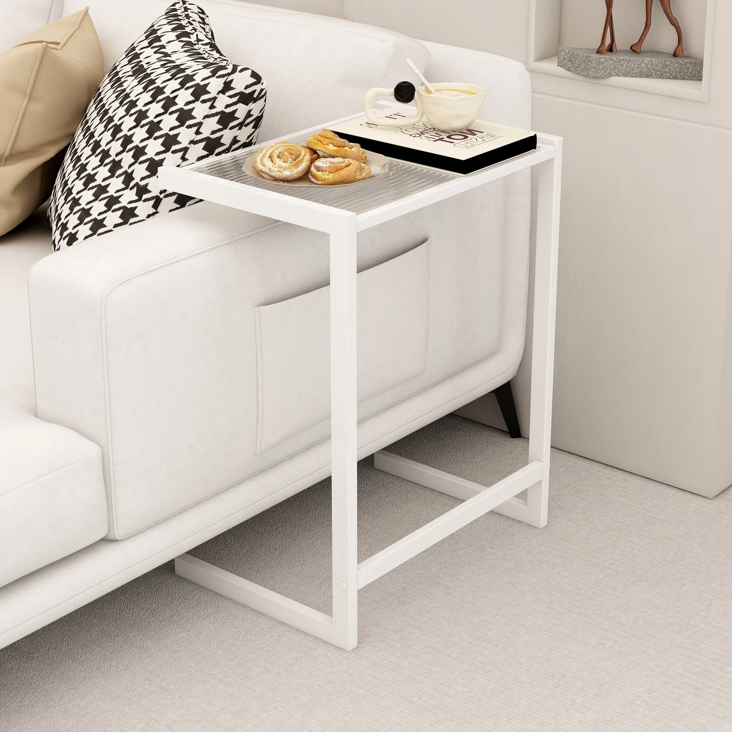 

-Wooden Sofa Bed Coffee Table C Shape Side Table with Glass Top