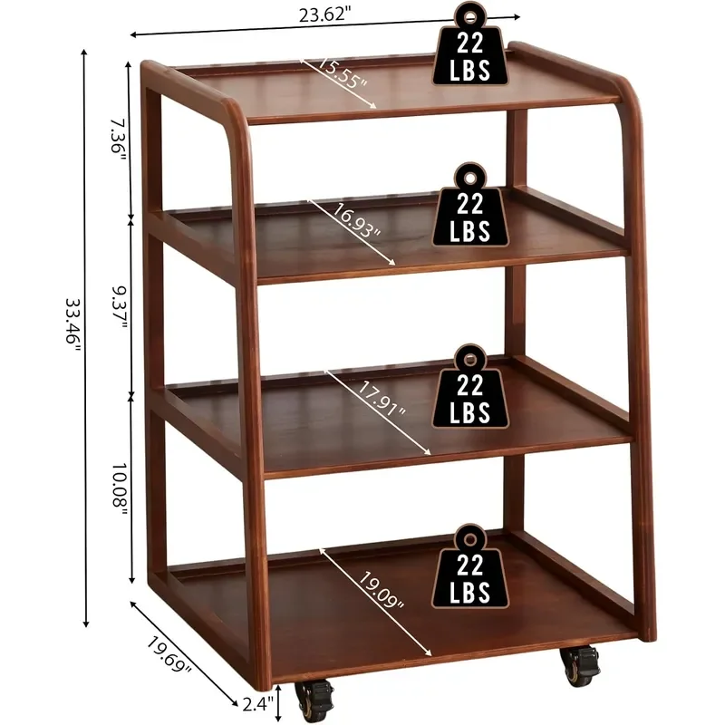 Solid Wood AV Media Stand 4 Tier Audio Rack with Lockable Casters