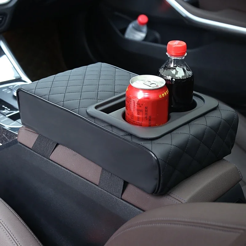 Auto Center Console Armrest Cushion with 2 Cup Holder PU Leather Armrest Pad Portable Car Amrest Pillow Cover Height Pad