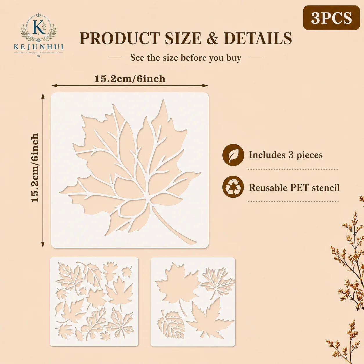 3Pcs 6x6in Maple Leaf Stencils Reusable PET Stencils for Painting Fall Leaves Craft Templates Wall Wood Fabric Home DIY Decor