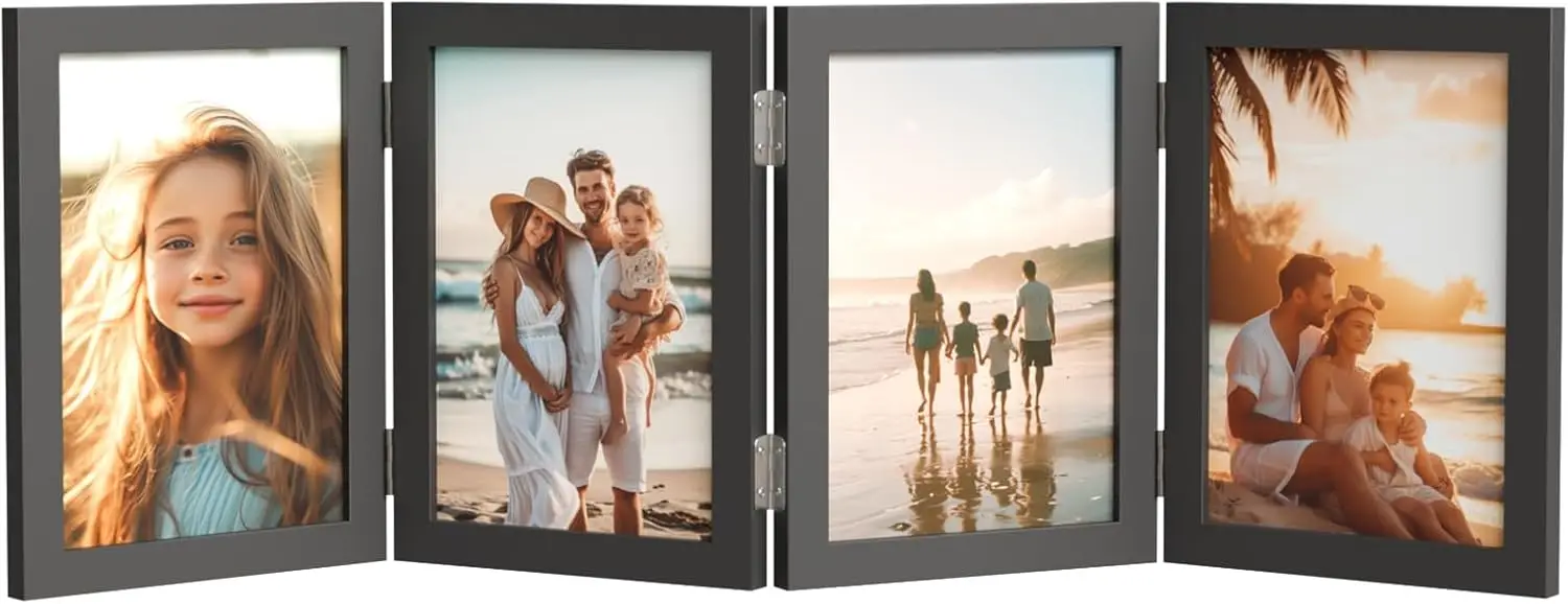 

Фоторамка 4x6 с четырьмя складными петлями, деревянная подставка в деревенском стиле для семейного коллажа, подарок, черная