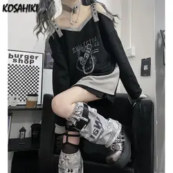 KOSAHIKI Y2k Harajuku Hoodies Women Spring Autumn Off Shoulder Belted Pullover Aesthetic Sweatshirt Female Goth Printed Jersey