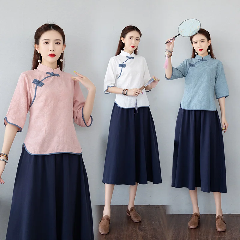 

Retro Tea Ceremony Costume Set with Semi-skirt And Improved Top for Women in Their 20s And 30s Cotton Material