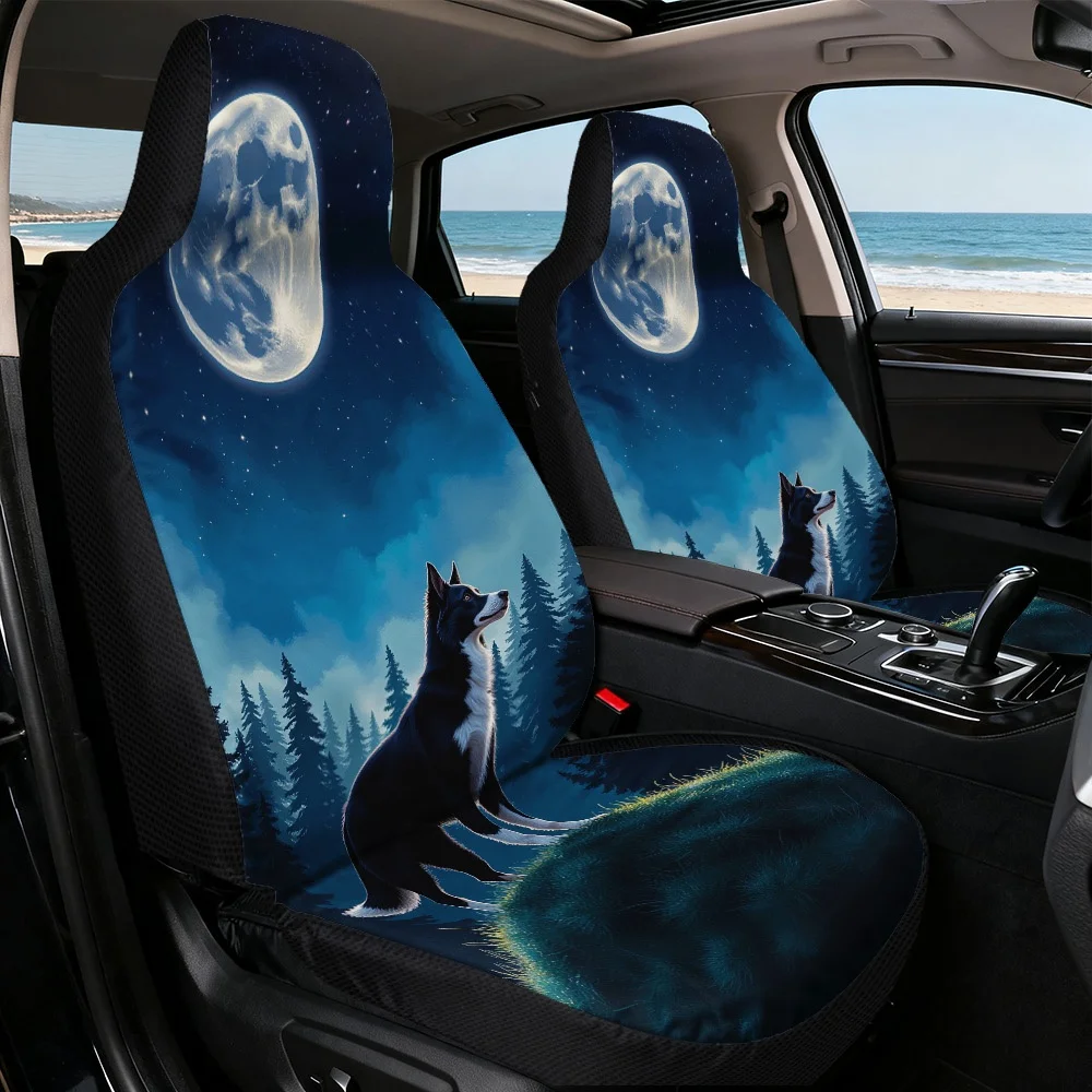 Set Of 2 Front Seat Covers Featuring A Wolf Design Under A Full Moon, Made From Soft Material, Machine Washable, And Easy To Mai