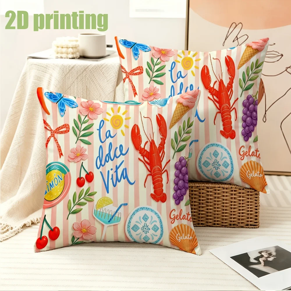 2pcs Summer Coastal Throw Pillow Covers La Dolce Vita Lobster Fruit Print Decorative Cushion Cases for Home Sofa Bedroom