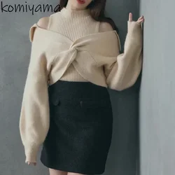 High Collar Knit Vests + Lantern Sleeve Kink Sweater 2024 Spring Winter New Women Suits Japanese Elegant Two Piece Sets