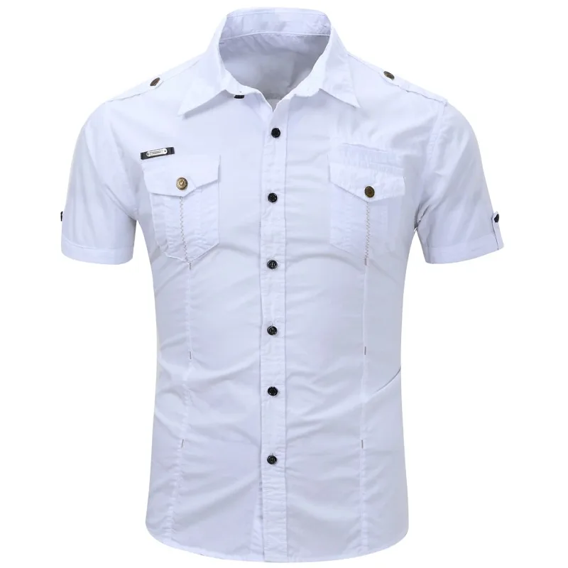 2025 Men's Casual 100% Cotton Military Tactical Shirt Summer Short Sleeve Solid Color Cargo Work Shirts with Pocket