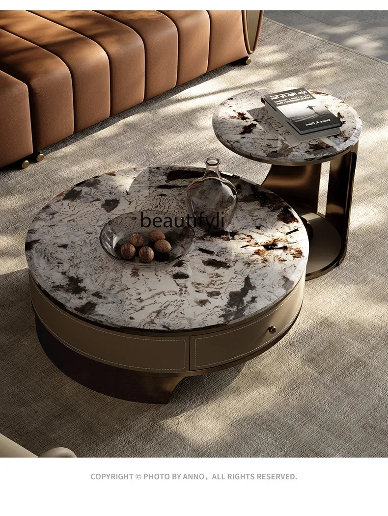 Italian minimalist coffee table large household light luxury, size round natural marble coffee table