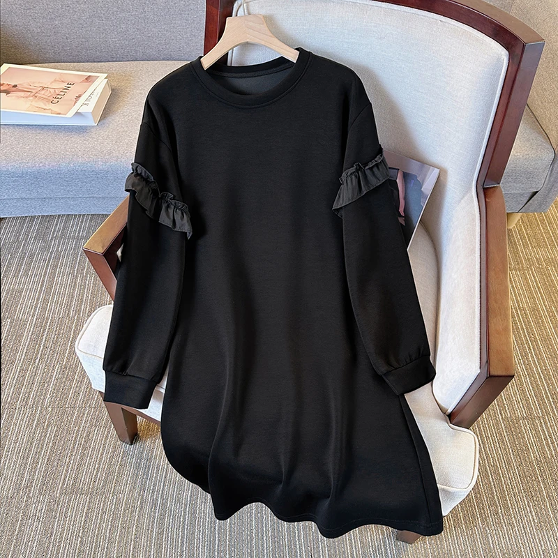 2024 Spring Ouropean Style Women's Dresses Black Stringy Selvedge Hoodies Dress Lady Vestidos Plus Size Female Robe KE