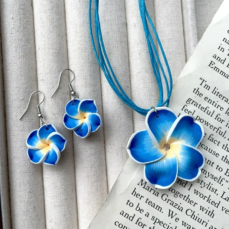 1Set Hawaiian Plumeria Necklace Dangle Earrings Handmade Soft Polymer Statement Ear Rings Jewelry 2024 Flower Earring for Women