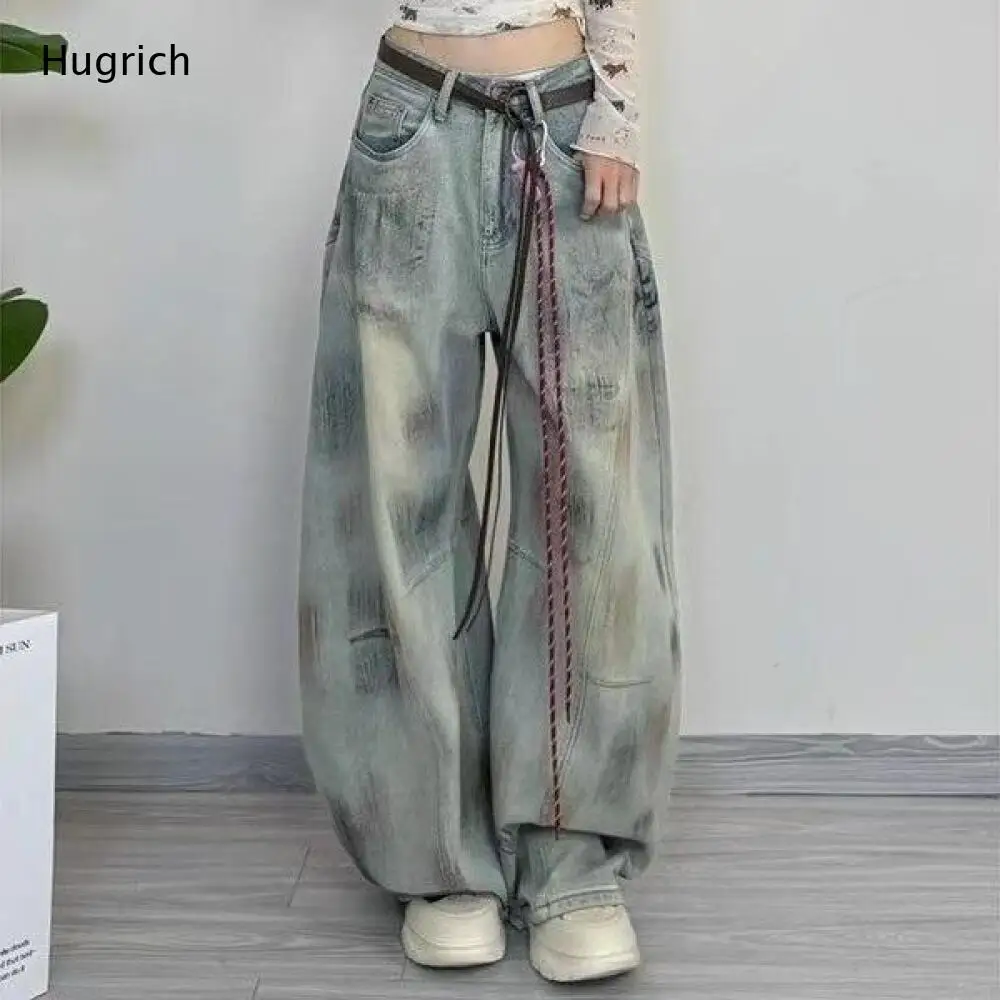 Y2K Streetwear Distressed Wide Leg Jeans Vintage Light Blue Smudge Washed Panel Stitch Oversized Loose Denim Pants