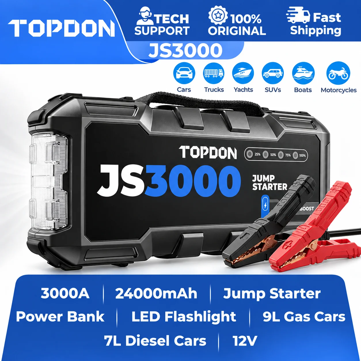 TOPDON 24000mAh Car Jump Starter 12V Car Battery 3000A Peak Current Portable Charger Portable Power Bank for Emergency Device JS3000