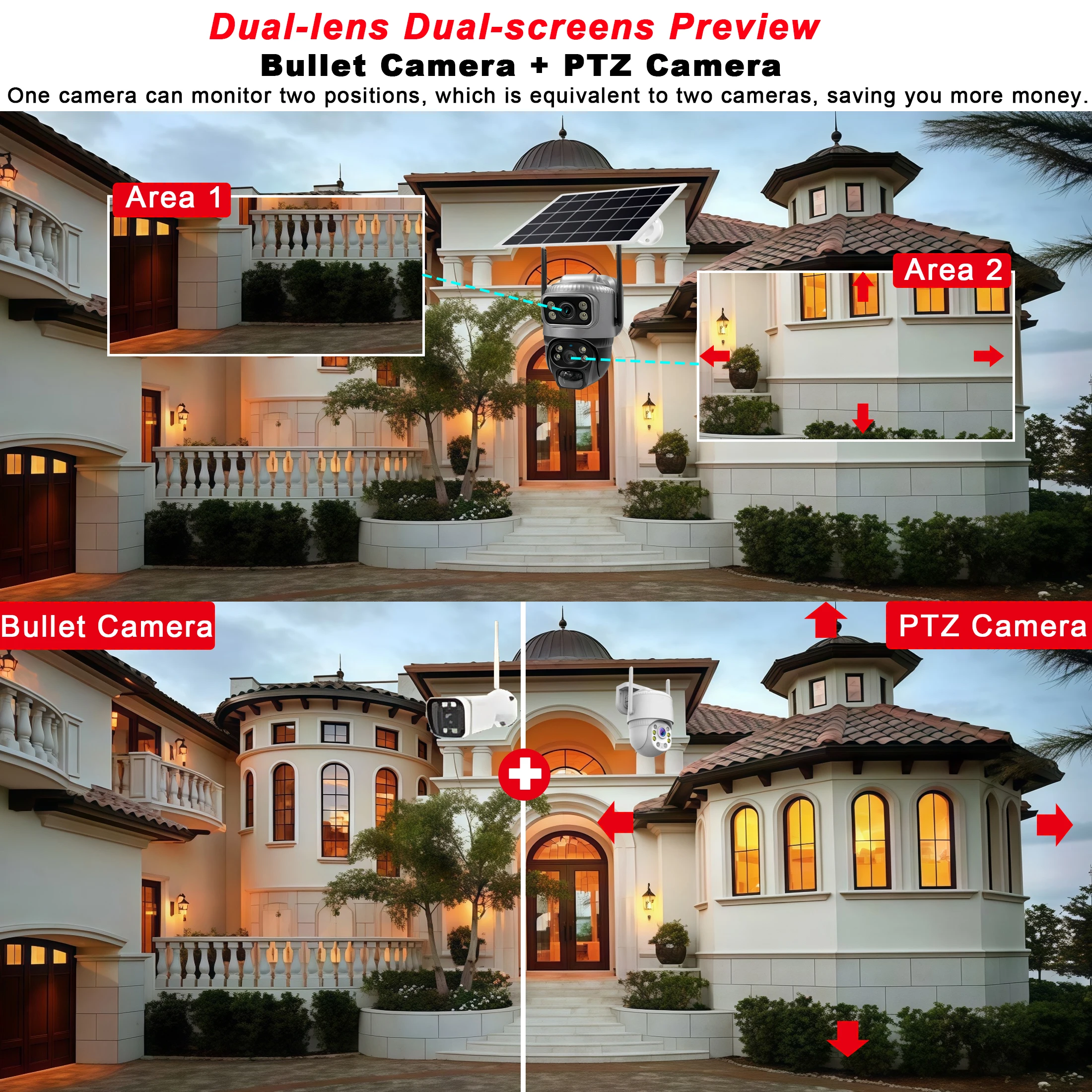 V380 8MP 4K واي فاي IP كاميرا تعمل بالطاقة الشمسية مقاوم للماء في الهواء الطلق عدسة مزدوجة كاميرا PIR للرؤية الليلية V380 برو CCTV مراقبة الحماية الأمنية