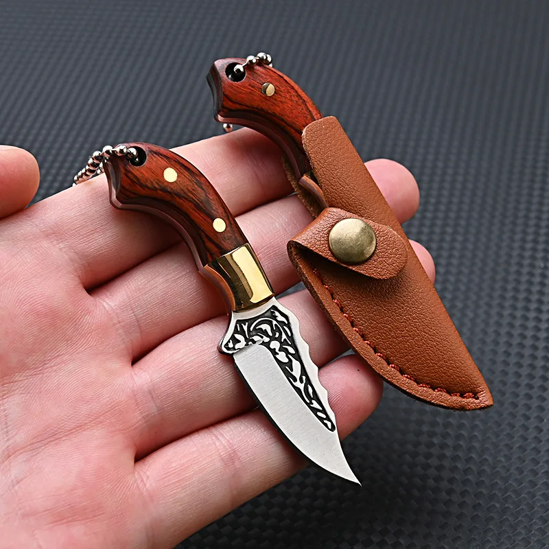 1PC EDC utensili da taglio dritti con manico in ottone + legno piccolo Mini coltello affilato Chopper portachiavi portatile con ciondolo Express Knife