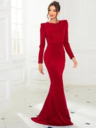 O Neck Rhinestone Full Sleeved Evening Dress Floor Length Mermaid Prom Gown