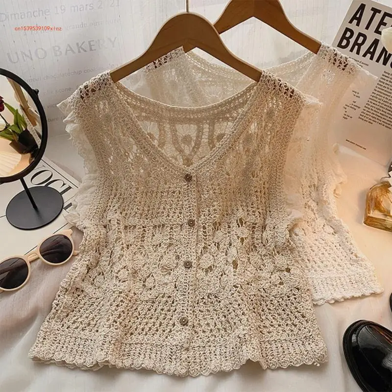 Women Sleeveless Tanks Top Casual Loose Lace Crochet Vest Hollow Camisole