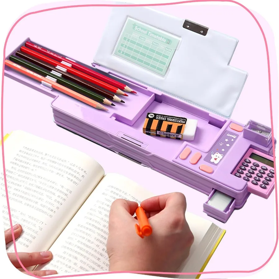 Multifunction Pencil Case with Calculator Pencil Sharpener and Curriculum Storage Cute Patterns Designed for Elementary School