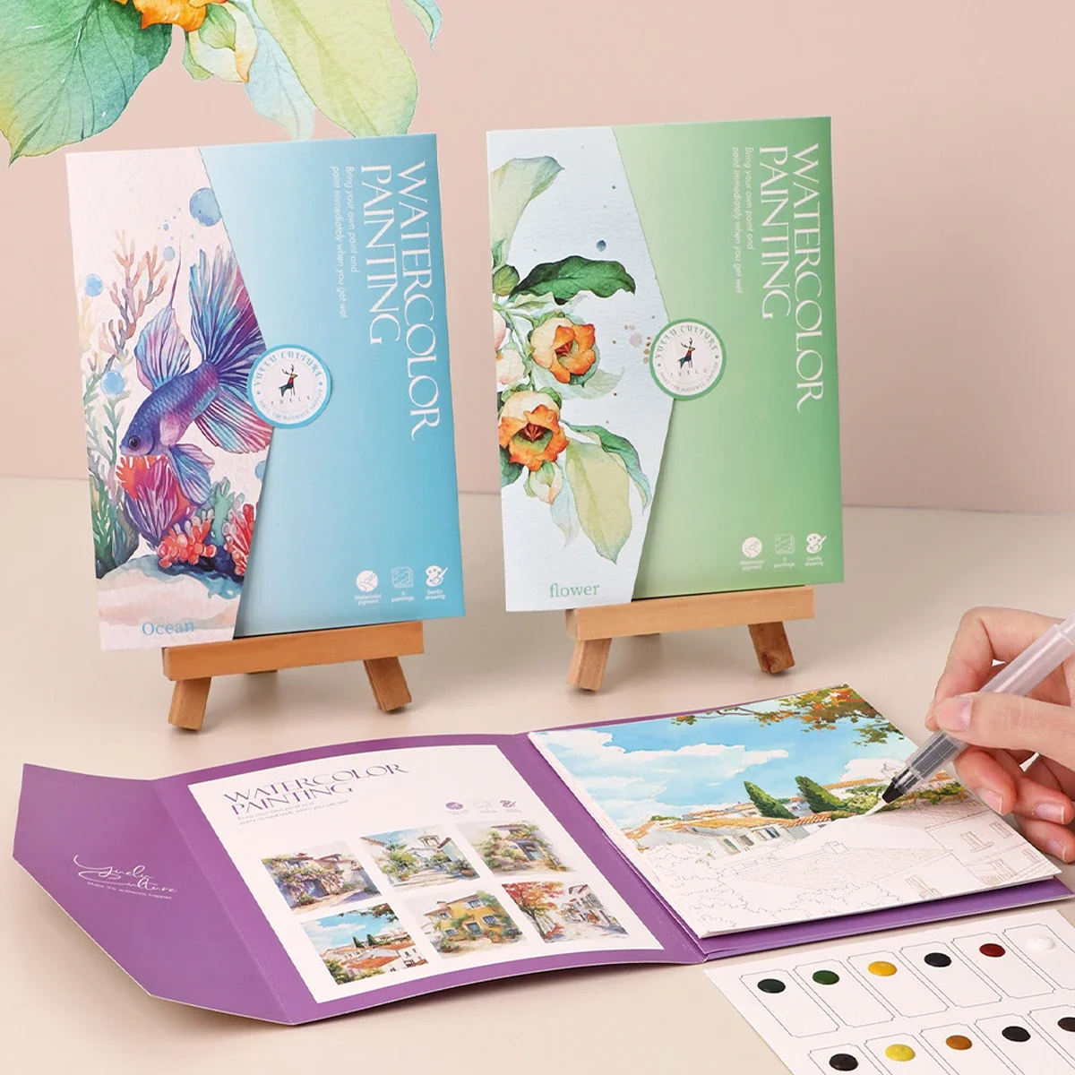 

Children's Graffiti Painting Book Stationery 6Sheets Creative Watercolor Painting Coloring Book 12 Colors Solid Watercolor Paint
