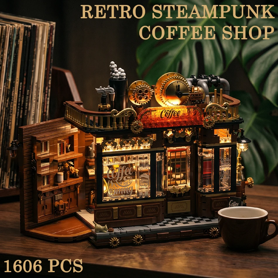 1606 PCS MOC Retro Steampunk Coffee Shop Street View Building Blocks Industrial Style Steam Brew Cafe Ornaments Bricks Toys Gift