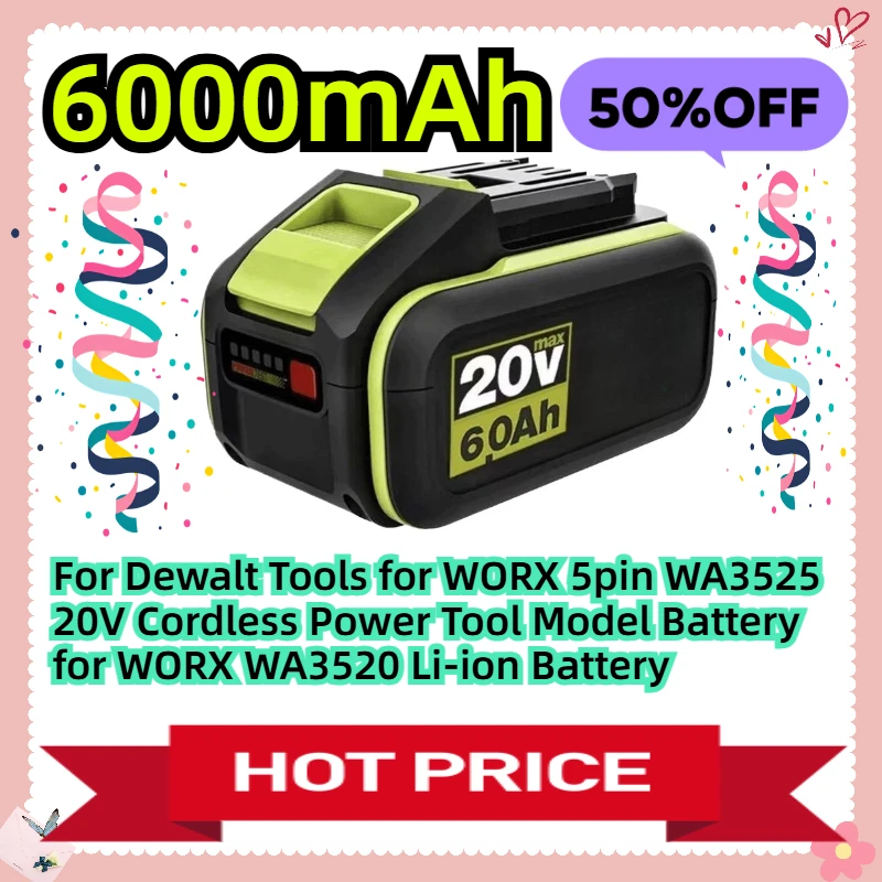 6000mAh For Dewalt Tools for WORX 5pin WA3525 20V Cordless Power Tool Model Battery for WORX WA3520 Li-ion Battery
