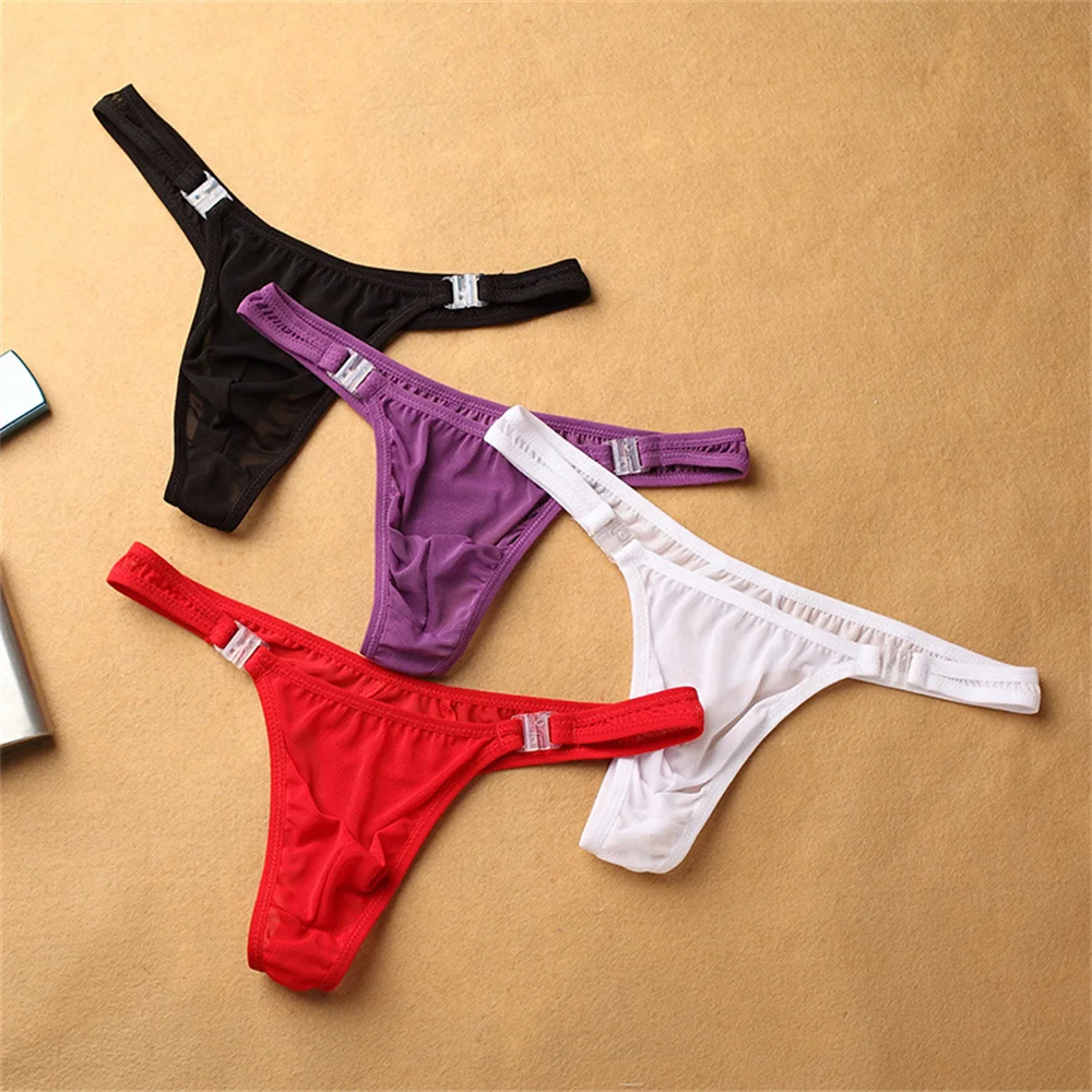 Tanga de seda de hielo para hombre, ropa interior Sexy con hebilla desmontable, sin costuras, bolsa mejorada, Tanga de nailon de tiro bajo, diseño divertido, 2 uds.