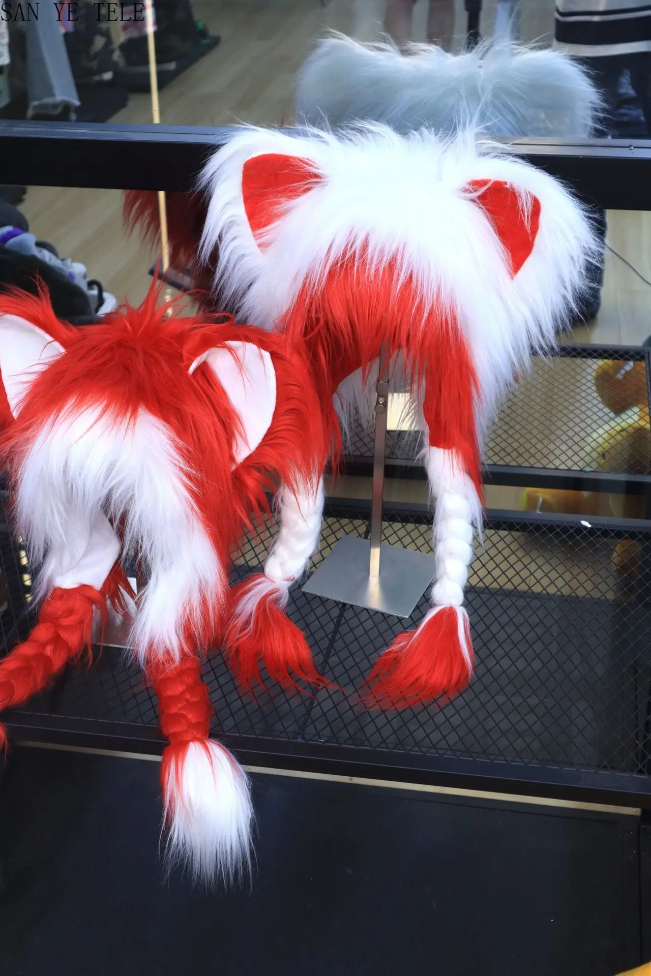 Red Black Cosplay Cat Ear Plush Hat with Braided Warm Fluffy Anime Y2K Subculture Earmuffs Headwear Anime Accessory Hat