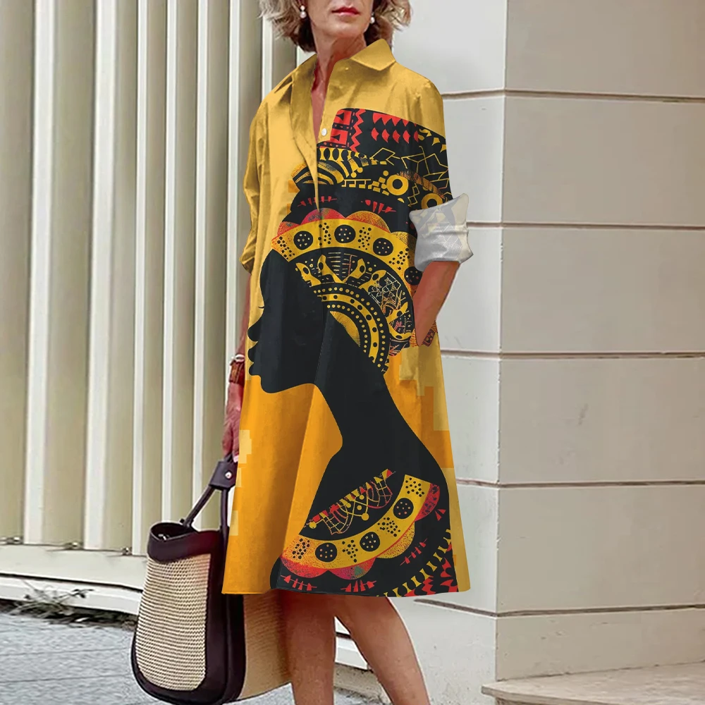 2024 Autumn Women's Face Printed Pocket Dresses High-grade Women's Lapel Shirt Dresses Women's Button Cardigan Evening Dresses