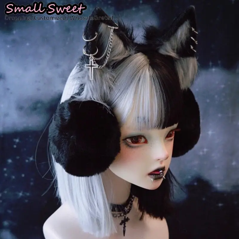 Gothic Men Women's Lolita Warmer Muff Ear Cover Cross Headband Harajuku Punk Girl Women Plush Cat Ear Wolf Ear Warm Earmuffs