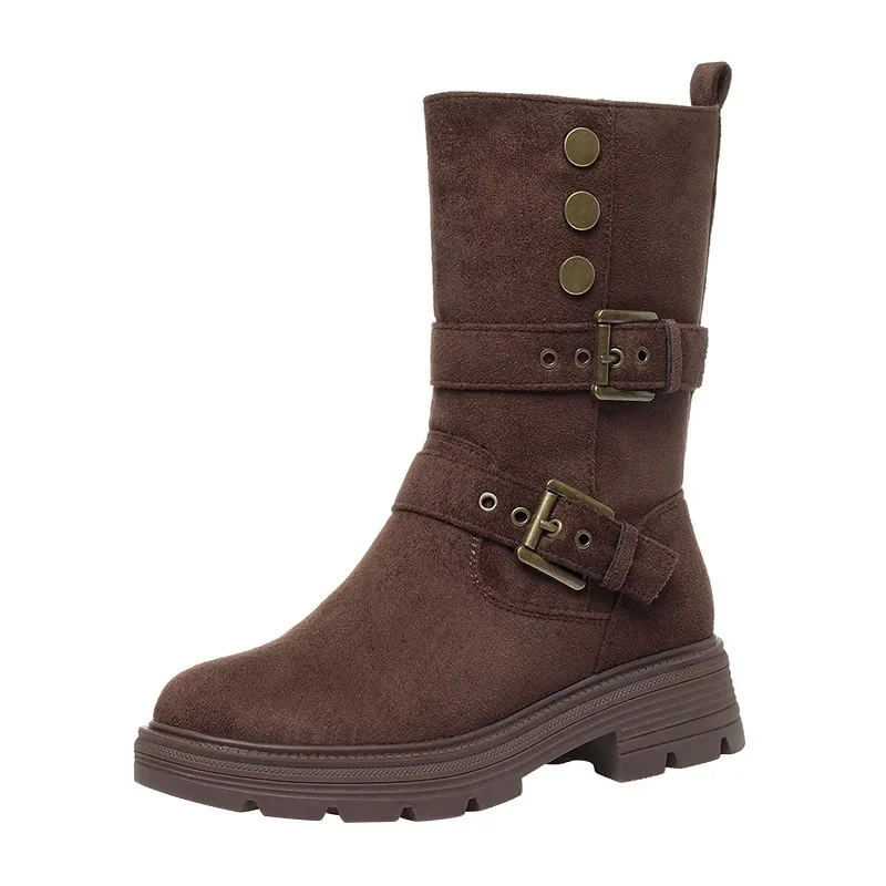 

4.5cm Vintage Comfortable Flat Heels Suede Mid Calf Boots Winter Shoe Women 2026 All Match Warm Fur Plush Motorcycle Boots Daily