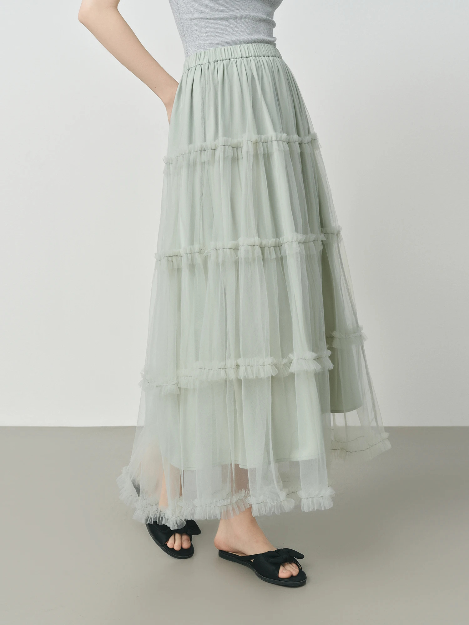 FSLE Green French A-line Cake Skirt Female 2025 Early Autumn New Mesh Long Skirt 25FS13225