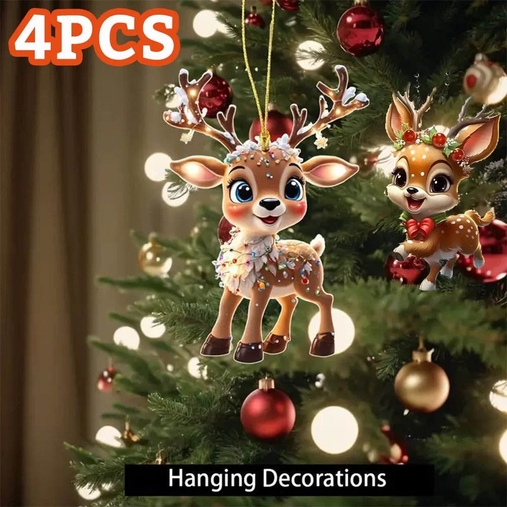 4PCS Charming Acrylic Reindeer Baby Car Decoration Holiday Gift for 2025 2024 Christmas Xmas Tree Pendant Hanging Ornament