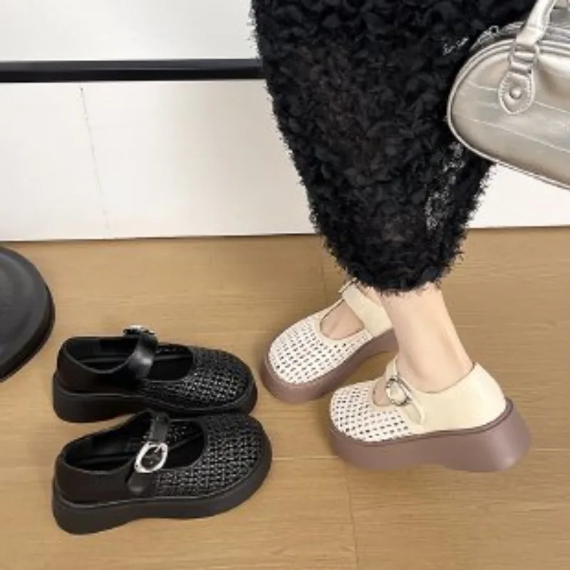 Women White Hollow Woven Mary Jane Shoes Ankle Strap Platform Sandals Ladies Breathable Height‑Increasing Summer Footwear