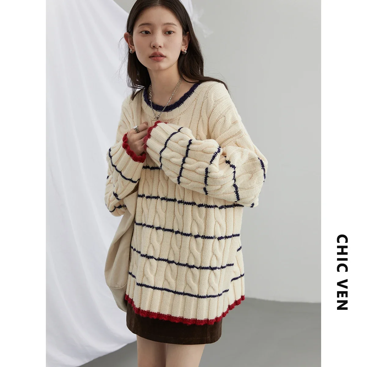 CHIC VEN Women\'s Pullovers Vintage Contrast Stripe Twists Knitting Sweater Soft Waxy Loose Jumpers Female Top Spring Autumn 2023