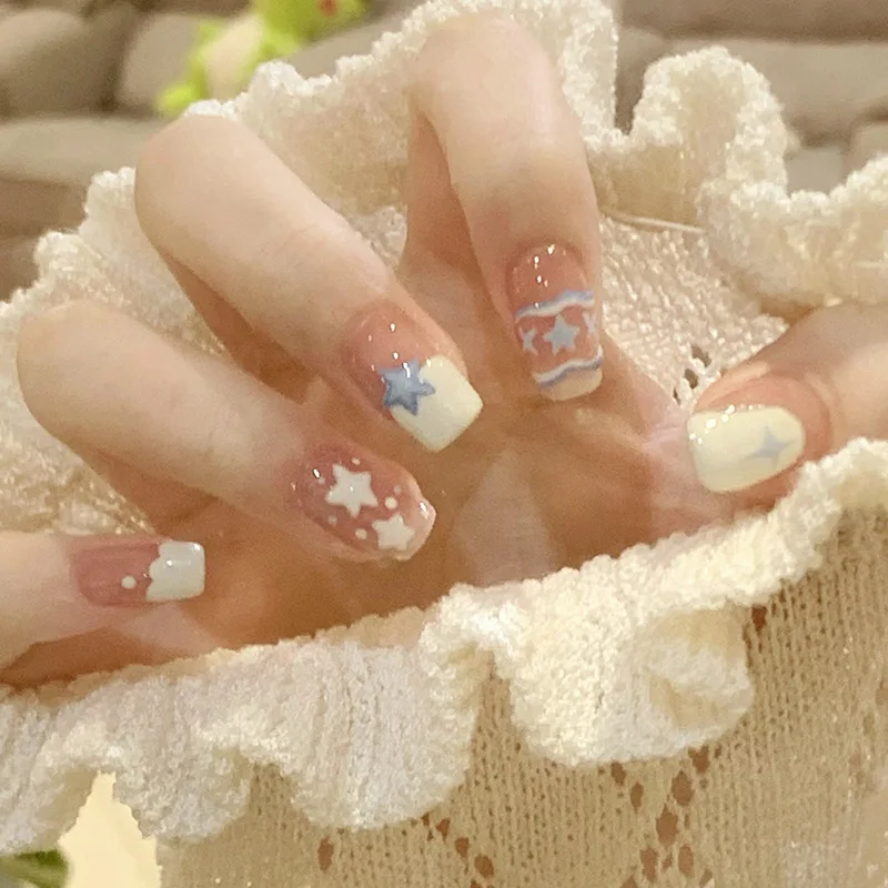 24 Pcs Short Nail Tips Summer False Nails with Tools Artificial Nails with Designs Self-adhesive Press on Nails with Sticky Tabs